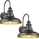 Outdoor Barn Light Fixture, 12.3 Inch Large Dome Farmhouse Wall Mount Light Wall Sconce Exterior Wall Lighting Fixture Industrial Black Finish Lantern with Gold Interior for Porch Garage Patio, 2 Pack 
