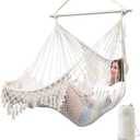 Chihee Hammock Chair Super Large Soft-Spun Cotton Rope Weaving Hanging Chair, Collapsible Strong Metal Spreader Bar Wide Seat Lace Stretch Swing Chairs Indoor Outdoor Garden Yard Theme Decoration (Natural White)