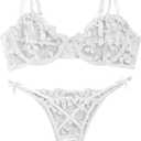 Lilosy Sexy Tie Side Cute Underwire Push Up Strappy Embroidered Mesh Sheer Lingerie Set White XS