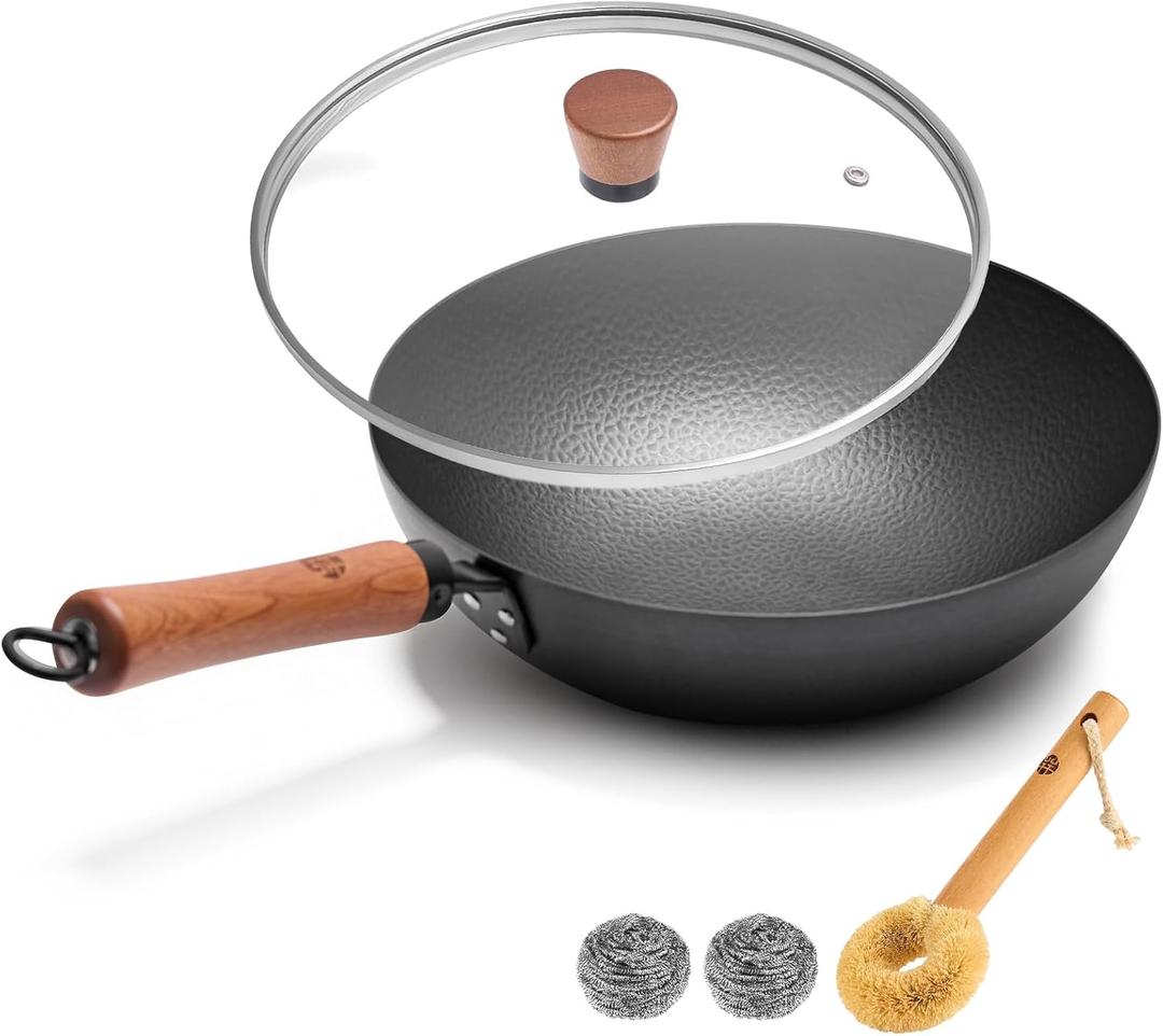 WANGYUANJI Carbon Steel Wok Pan 11 Inch - Round Bottom Traditional Pow Wok (Requires Gas Stove & Wok Ring) - No Coating Hand Hammered Stir Fry Pan with Lid & Detachable Handle
