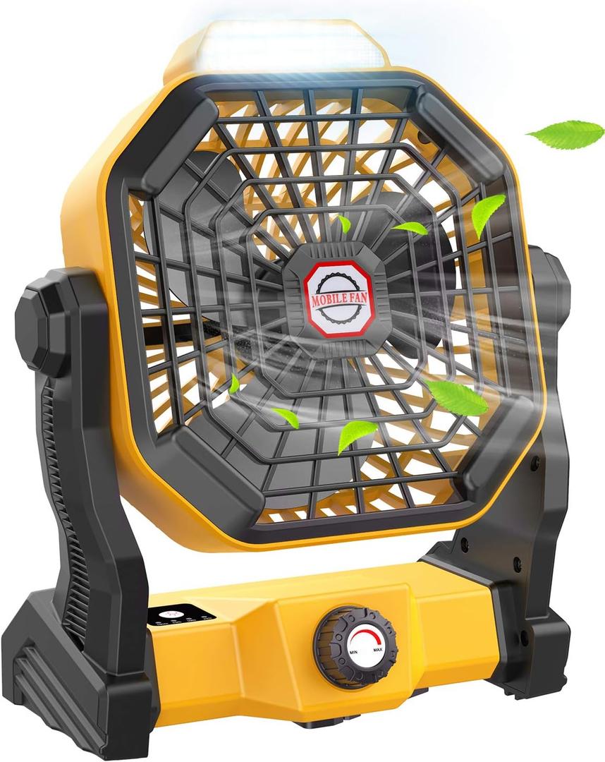 Camping Fan with LED Lantern, 36 Hours 9 Inch Portable Rechargeable Battery Powered Fan with Stepless Speed and Quiet Battery Operated for Picnic, Barbecue, Fishing, Travel, Home, Tent (10400 mAh, Yellow)