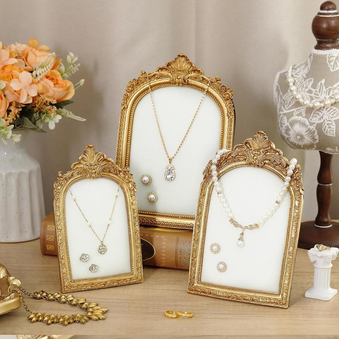 3 Pcs Gold Jewelry Display Stands Vintage Jewelry Holder Baroque Necklace Organizer Earring Tray Frame Resin Photography Props with Velvet Backing Gifts for Women