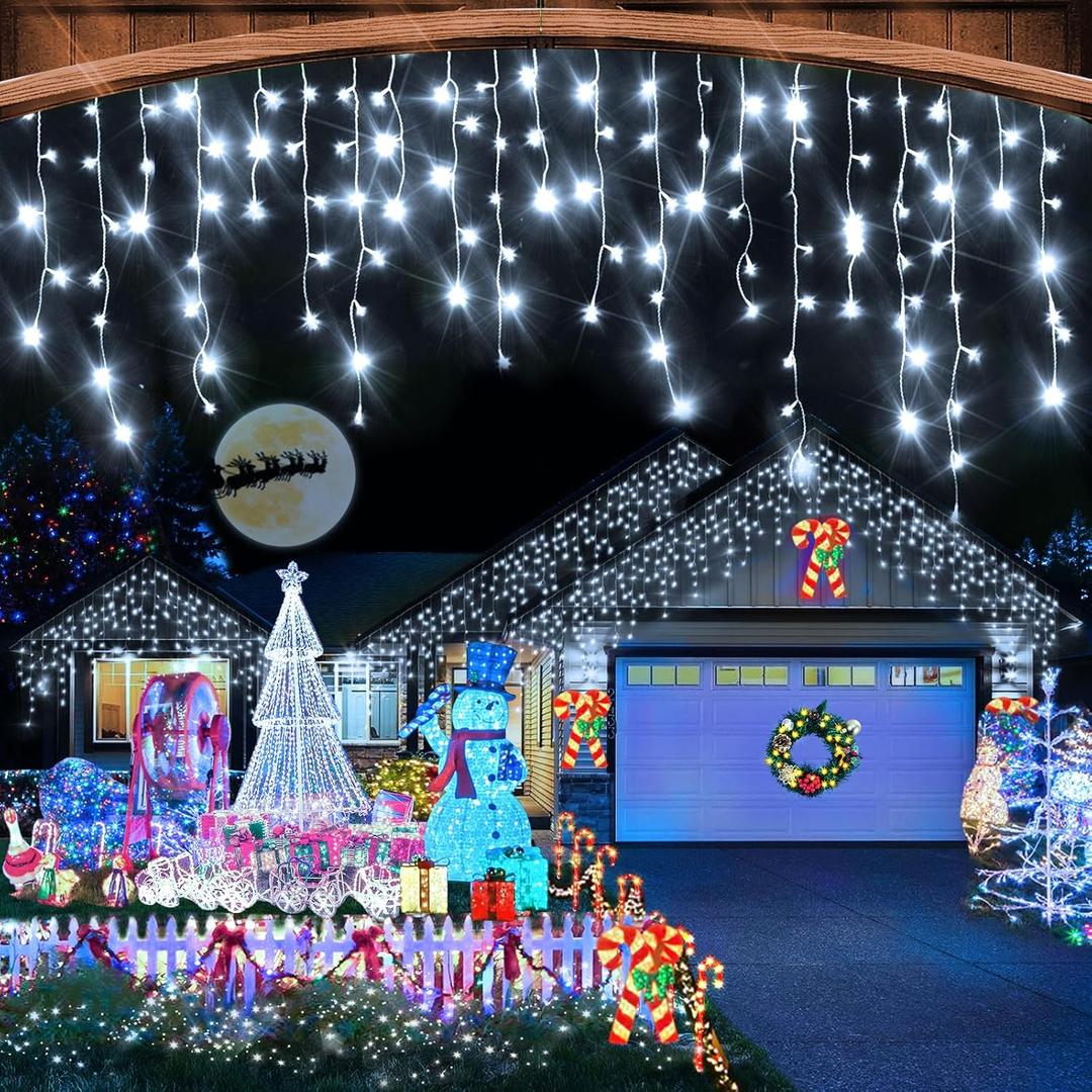 Heceltt White Christmas Lights Outdoor, 49FT 480 LED Ice Lights for Outside with 90 Drops Clear Wire 8 Modes Timer, Plug in Waterproof for Holiday Eaves Yard Roof Party Christmas Decoration
