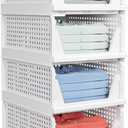 4 Pack Stackable Closet Storage Basket - Stackable Storage Bins, Multifunctional & Foldable Closet Organizer Divided, Wardrobe Cupboard Space-Saving Clothes Storage Hat Organizer, White