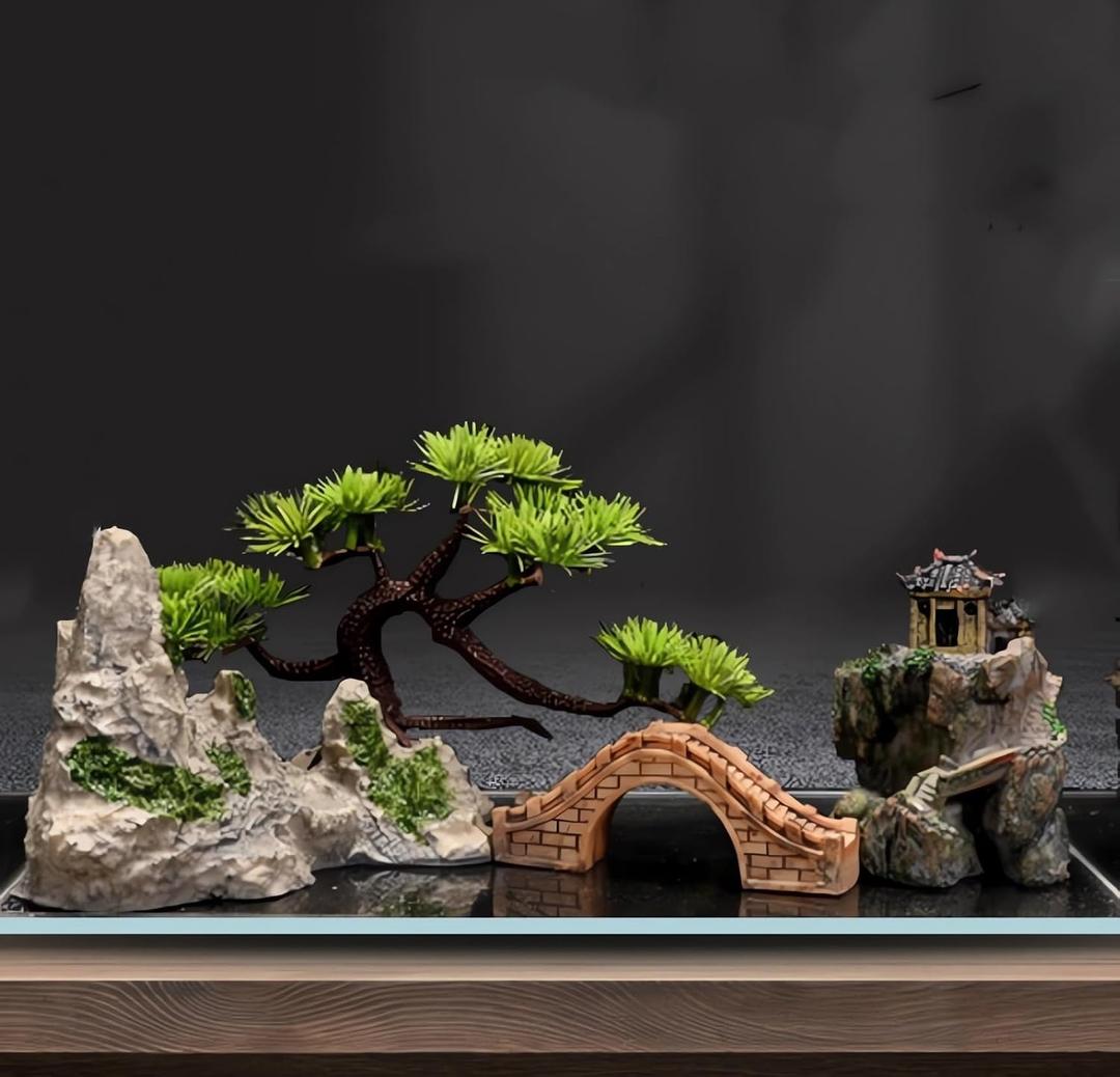 AWXZOM Small Japanese Fish Tank Decorations Set, Suitable for Aquariums up to 5 Gallon or Fish Bowl, Includes Small Decorations Artificial Plastic Plants Fish Tank House