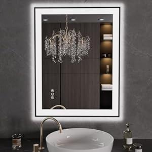 LOAAO 28"X36" LED Bathroom Mirror Black Framed, Anti-Fog, Dimmable, Lighted Bathroom Vanity Mirror for Wall, Memory Function, Tempered Glass