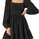 R.Vivimos Womens 2026 Fall Corduroy Cotton Long Sleeve Square Neck Elastic Smocked A-Line Ruffle Mini Dress