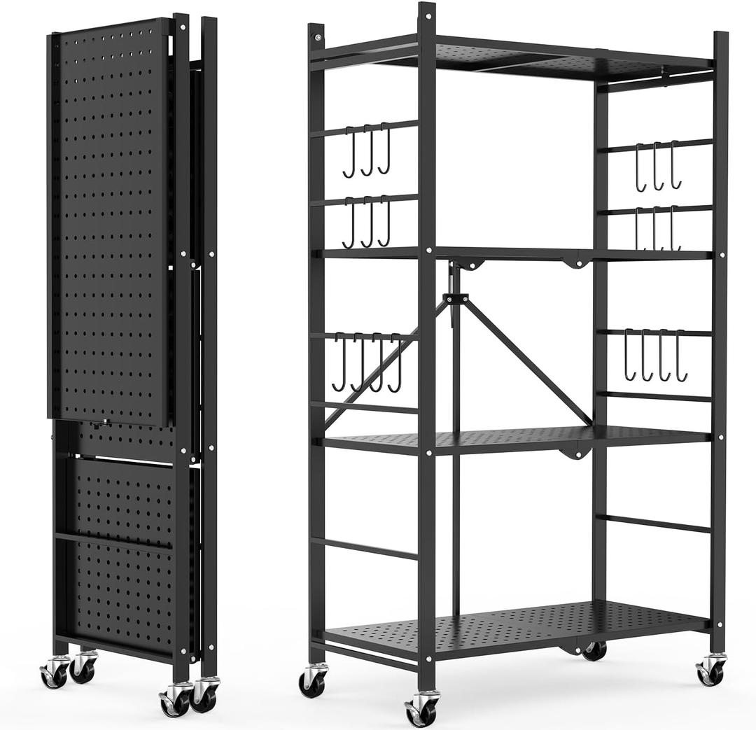 Himix Storage Shelves with 20 Hooks, 4-Tier Foldable Shelves for Storage, Folding Shelf Unit Pantry Shelves with Wheels, Metal Shelving Storage Rack Shelf for Kitchen Garage Home, Black - No Assembly