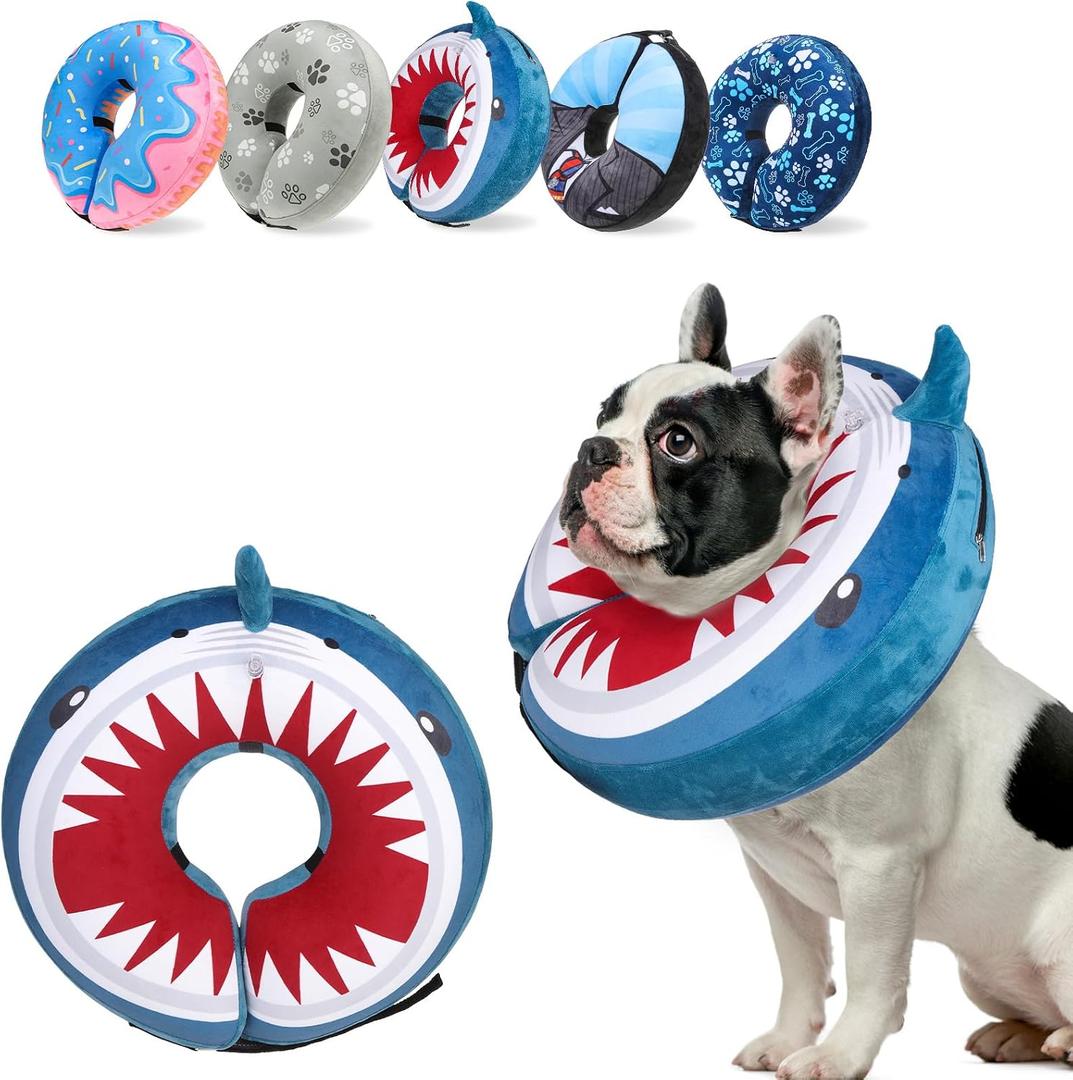 SCENEREAL Dog Cone Alternative After Surgery Pet Recovery Collar for Small Medium Large Dogs Cats, Adjustable Inflatable Donut to Prevent Licking, Shark Print E-Collars, Size: M(Neck 13"-16")