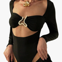 MakeMeChic Women's Long Sleeve Cut Out Metal Ring Bodysuit Going Out Leotard Tops Size S