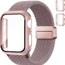 Braided Bands and Case for Apple Watch Bands for Women 40mm 44mm 46mm 42mm 45mm 41mm 38mm Men,Magnetic Nylon Sport Stretchy Solo Loop Elastic Strap with Cover for iWatch Series 11 10 9 8 7 6 5 4 3 SE (05-Smoke Purple+Rose Pink)