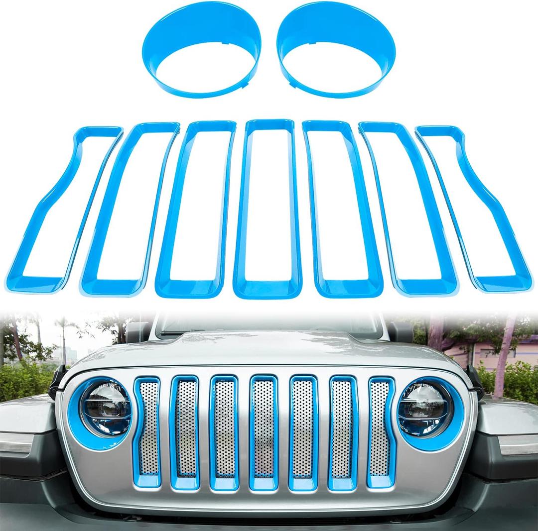 Bonbo Mesh Grille Grill Insert & Headlight Turn Light Cover Trim Exterior Accessories for Jeep Wrangler JL Sport/Sports 2018-2023 (Baby Blue)