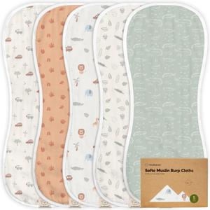 5-Pack Muslin Burp Cloths Baby Boy, Girl - Very Absorbent Baby Burp Cloth Rags, 8-Layers Viscose Derived from Bamboo Cotton Muslin Towel, Super Soft Spit Up Rags, No Shrink Washcloths (Wilderness)
