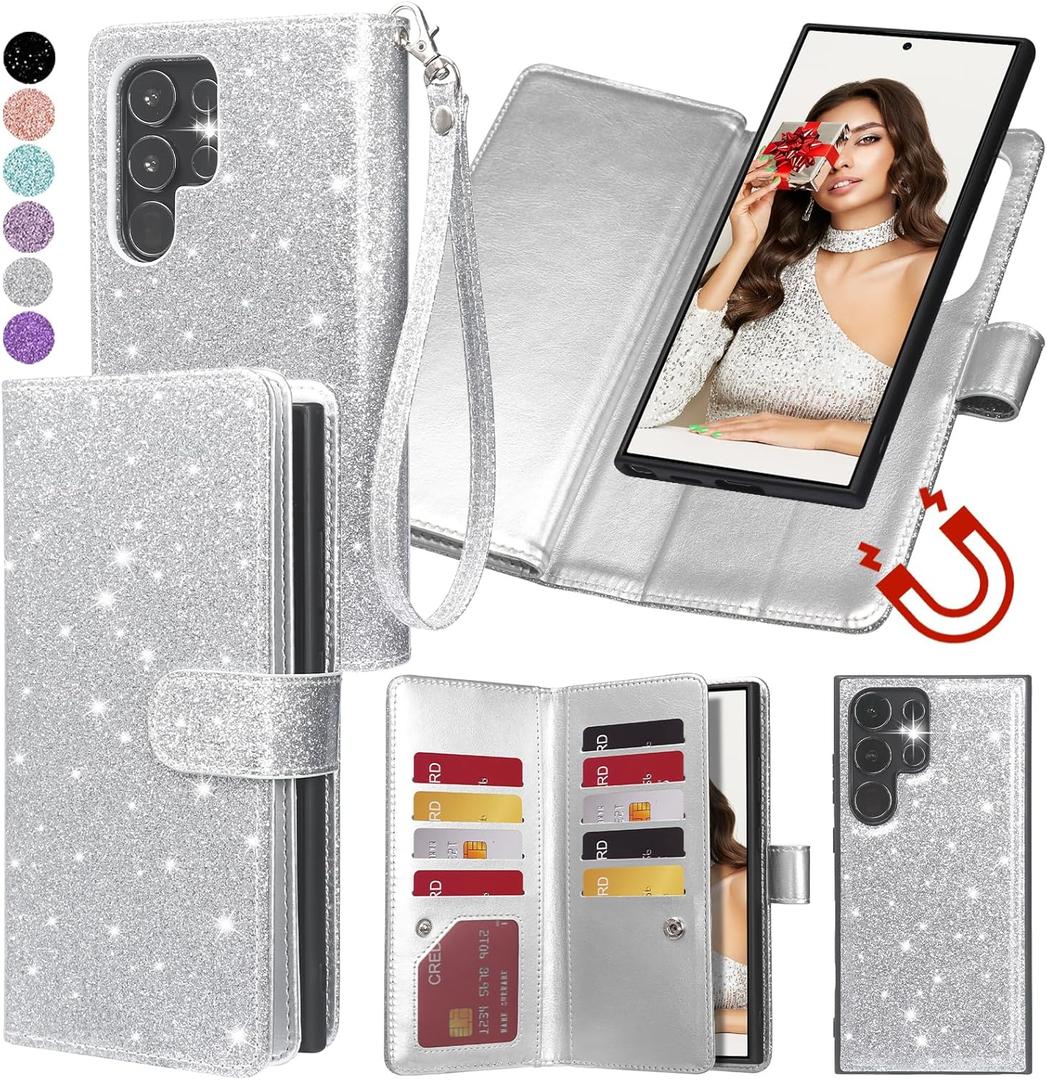 Varikke for Galaxy S25 Ultra Wallet Case Detachable with RFID Blocking Card Holder for Women, Glitter Leather Strap Magnetic Flip Removable Phone Case for Samsung Galaxy S25 Ultra 6.9", Silver