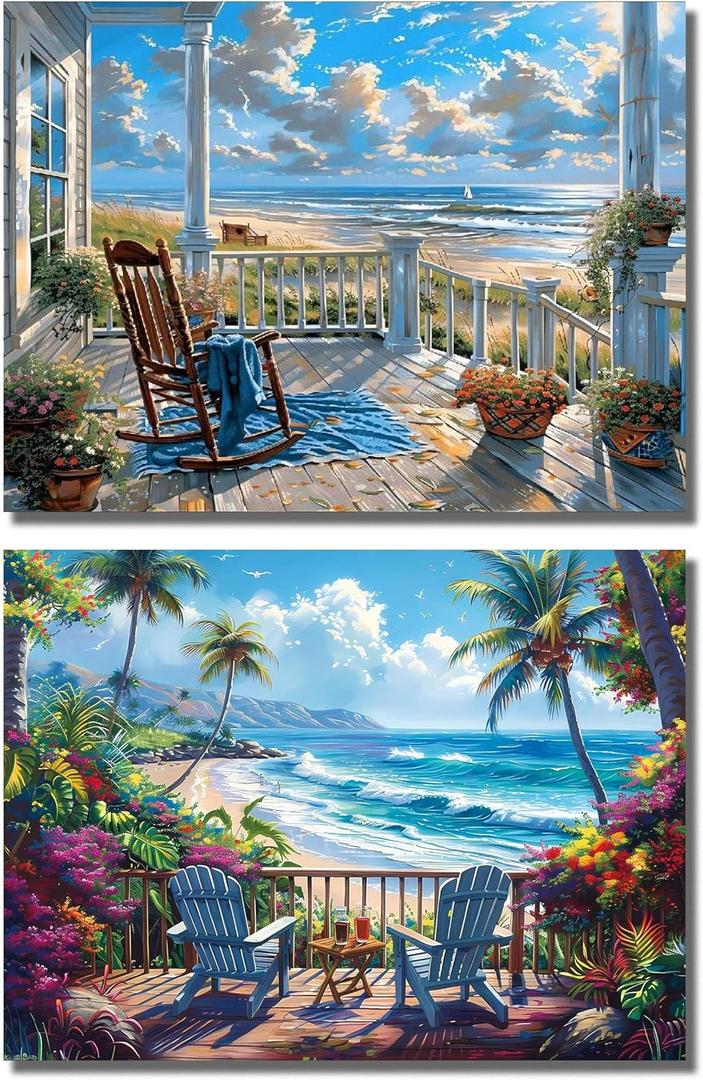 NEGEKFKX 2 Pack Beach Paint by Numbers Kit for Adults Beginner,Easy Adult Paint by Number Kits on Canvas DIY Painting for Beginners Art by Numbers for Home Wall Decor 16x12 Inch