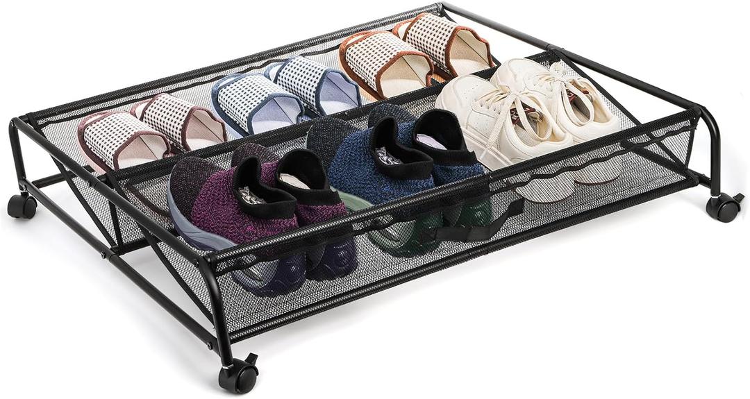 Goaste Under Bed Shoe Storage Organizer with Wheels, Rolling Underbed Storage Containers, Metal Shoe Rack Drawer Space Saving for Bedroom Organization, Shoes, Toys (Black)