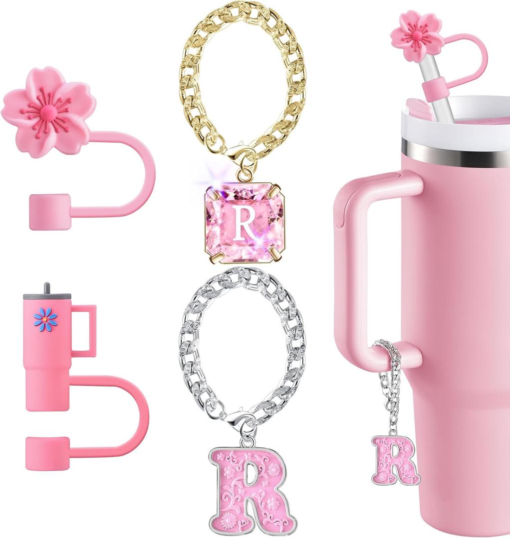 Straw Cover for Stanley Cup Accessories - Unique Crystal Letter Charms for Stanley Cups, Cute Cup & Flower Silicone Straws Topper Covers for 30 & 40 0z Tumbler with Handle, 10mm 0.4in Straw Cap