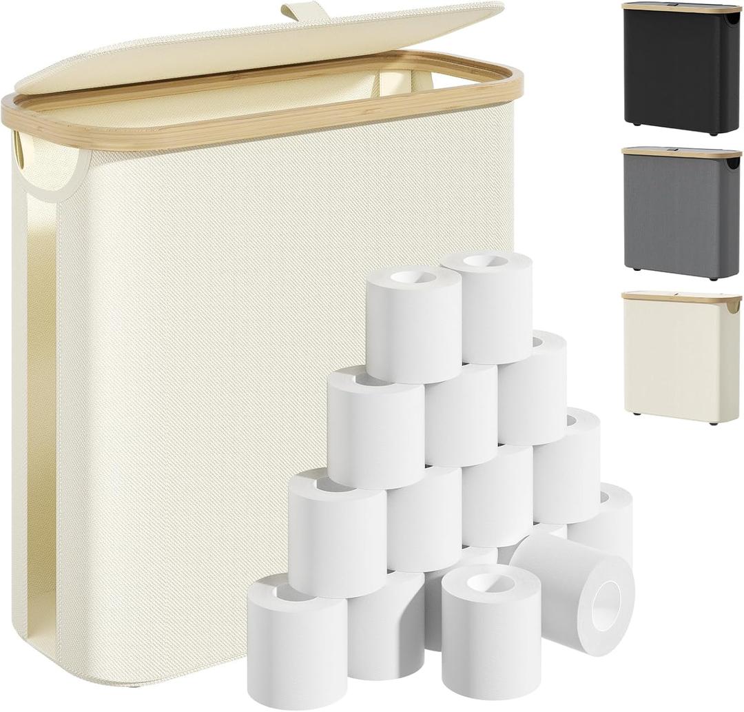 Toilet Paper Storage Basket with Lid and Handle, Foldable Toilet Paper Basket Organizer for Bathroom, Large Capacity Toilet Paper Holder with Storage for 12 Mega or 16 Regular Rolls, Beige (35L)