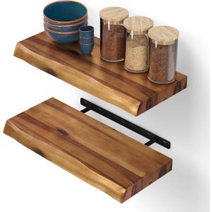 BATODA 17” Acacia Live Edge Floating Shelves, Wooden Floating Shelves for Wall - Set of 2 Floating Book Shelves, Book Shelf for Wall, Bathroom, Kitchen - Mounted Shelf, House Decor with Hardware