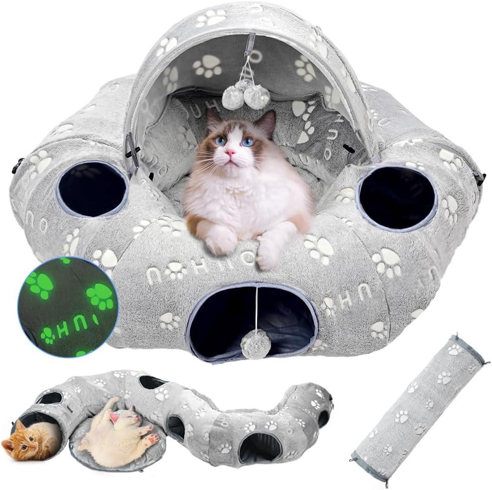 Cat Tunnel Bed, Cat Tunnels for Indoor Cats, Cat Donut Tunnel Toy with Washable Circle Cushion, Straight Shaped Tunnel, 4 Fluffy Balls, Blackout Tent, Self-Luminous Cat Toys, Grey