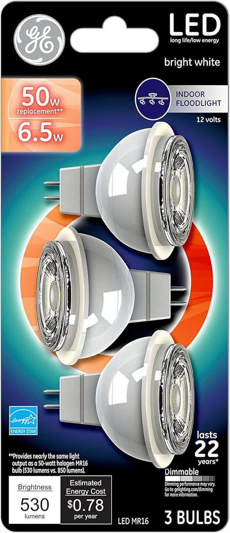 GE Lighting MR16 Indoor Floodlight LED Light Bulb, GU5.3 Base, 50-Watt Replacement, Warm White (3-Pack)