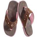 ONCAI Women's Flat Flip Flops Size 8 Summer Trendy Dressy Beach Cute Pool Vacation Essentials Sandals Studded Faux Leather Brown/Pink Walking Rivet Sandalias with Waterproof Outdoor Rubber Sole
