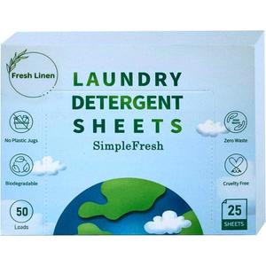 Simple Fresh Laundry sheets Pack of 25, fragrance free product - Laundry Detergent Sheets, Eco-Friendly, Plant-Based, Hypoallergenic, No Plastic Jug (50 Loads, Fresh linen)