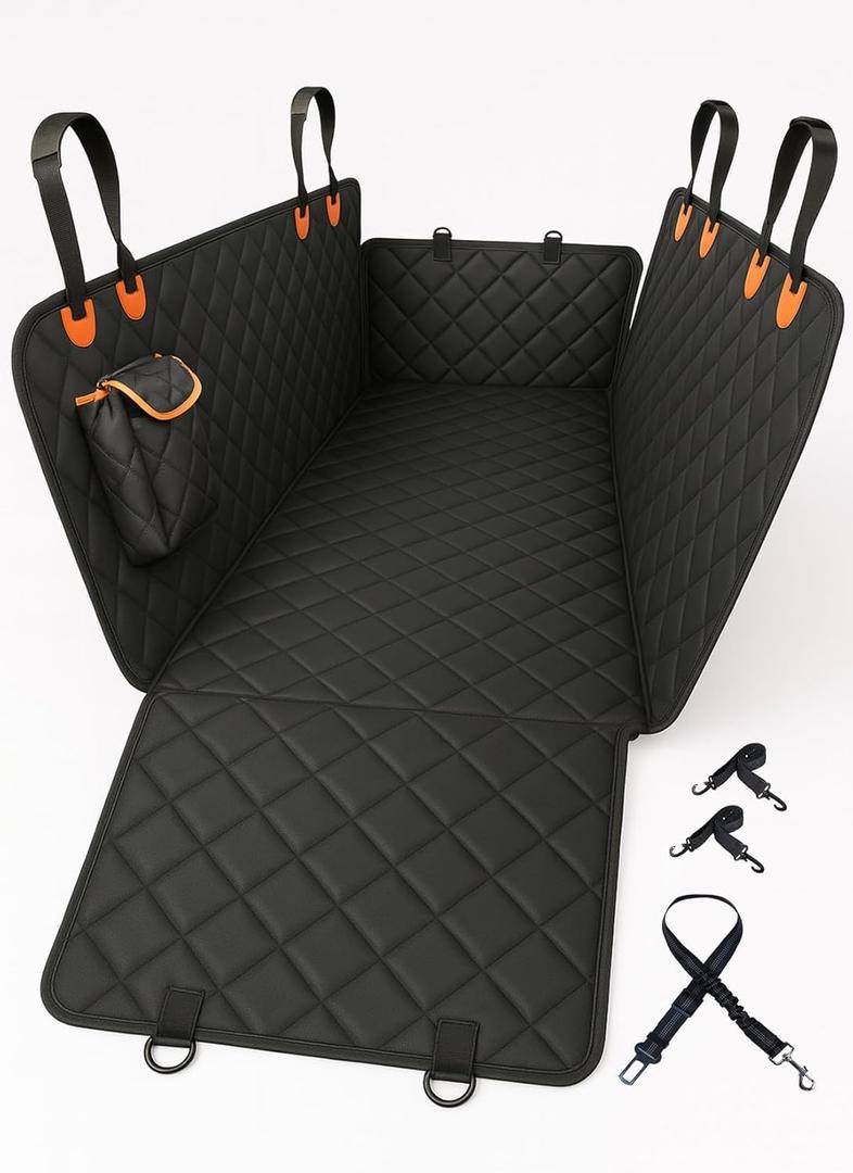 Dog Car Seat Cover for Back Seat  Waterproof Nonslip Hammock with Dog Seat Belt, Universal Fit Pet Seat Protector for Cars, SUVs, Trucks, Durable, Easy Install, Machine Washable (Standard (54" W x 58" L), Orange)