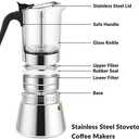 Geesta Premium Crystal Glass-Top Stovetop Espresso Moka Pot - 4/6/ 9 Cups - Stainless Steel Coffee Maker- 160ml/5.6oz/4 cup (espresso cup=40ml)