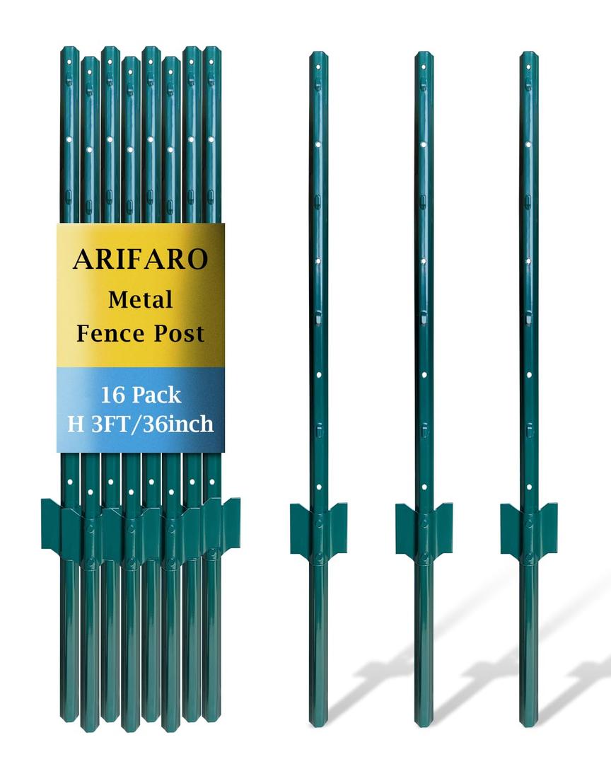ARIFARO Fence Posts 3 Feet Sturdy Duty Metal Fence Post, Pack of 16, No Dig Garden U Post for Wire Fencing Steel Post for Yard, Outdoor Wire (Green 16 PCS)