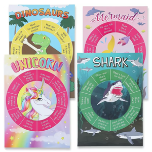 Juvale Spinning Wheel Activity Party Game Board, 4 Designs Including Dinosaur, Mermaid, Shark & Unicorn Spinner for Kids Birthday, Classroom