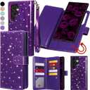 Varikke for Samsung Galaxy S24 Ultra Wallet Case Detachable with RFID Blocking Card Holder for Women, Glitter PU Leather Strap Wrist Magnetic Flip Wallet Removable Phone Case Cover 6.8", Dark Purple