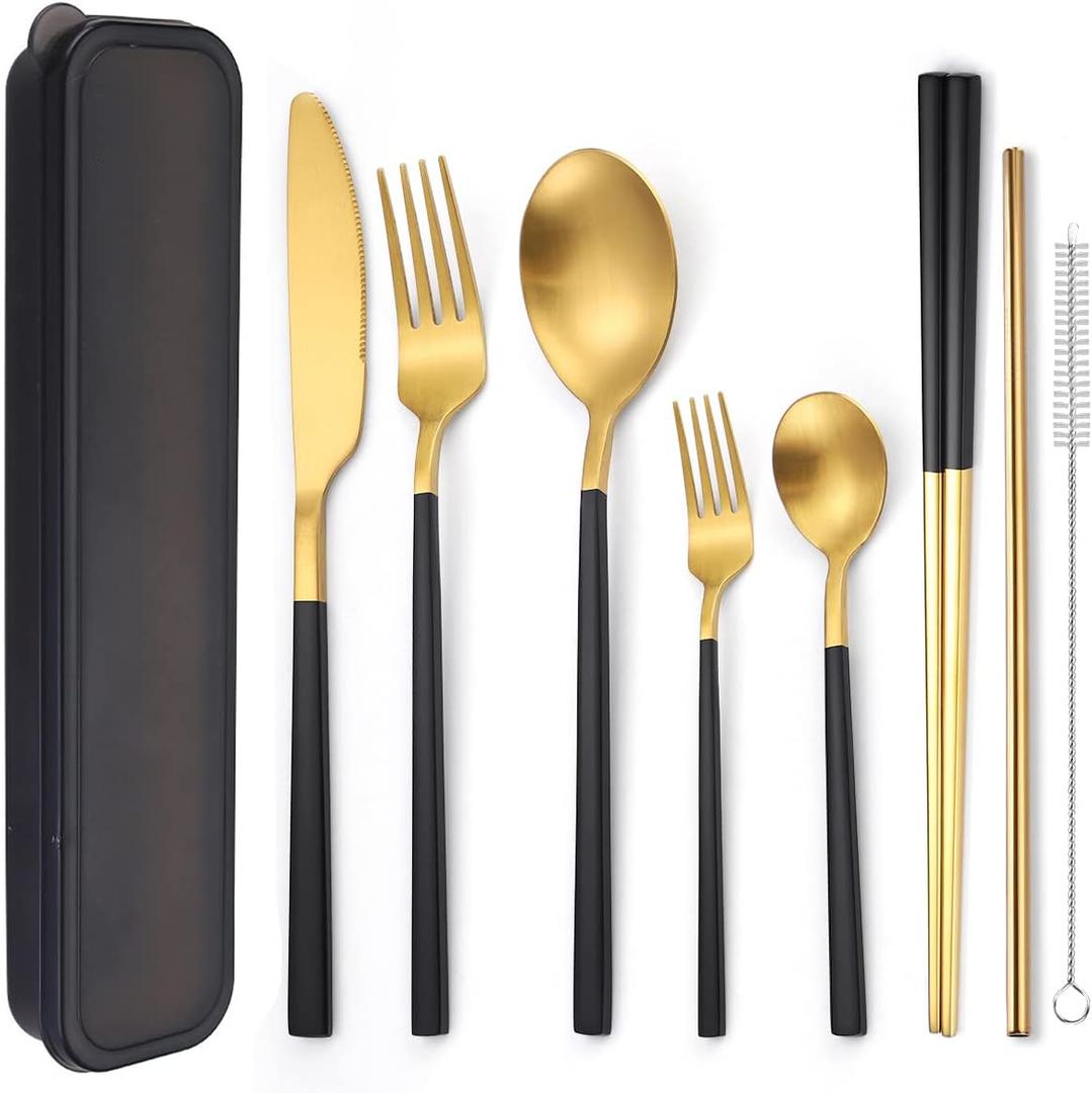 AARAINBOW 6 Pieces Stainless Steel Flatware Set Portable Reusable Cutlery Set Travel Utensils Set Including Chopsticks Knife Fork Spoon Straws Cleaning Brush Dishwasher Safe (B-Black golden)