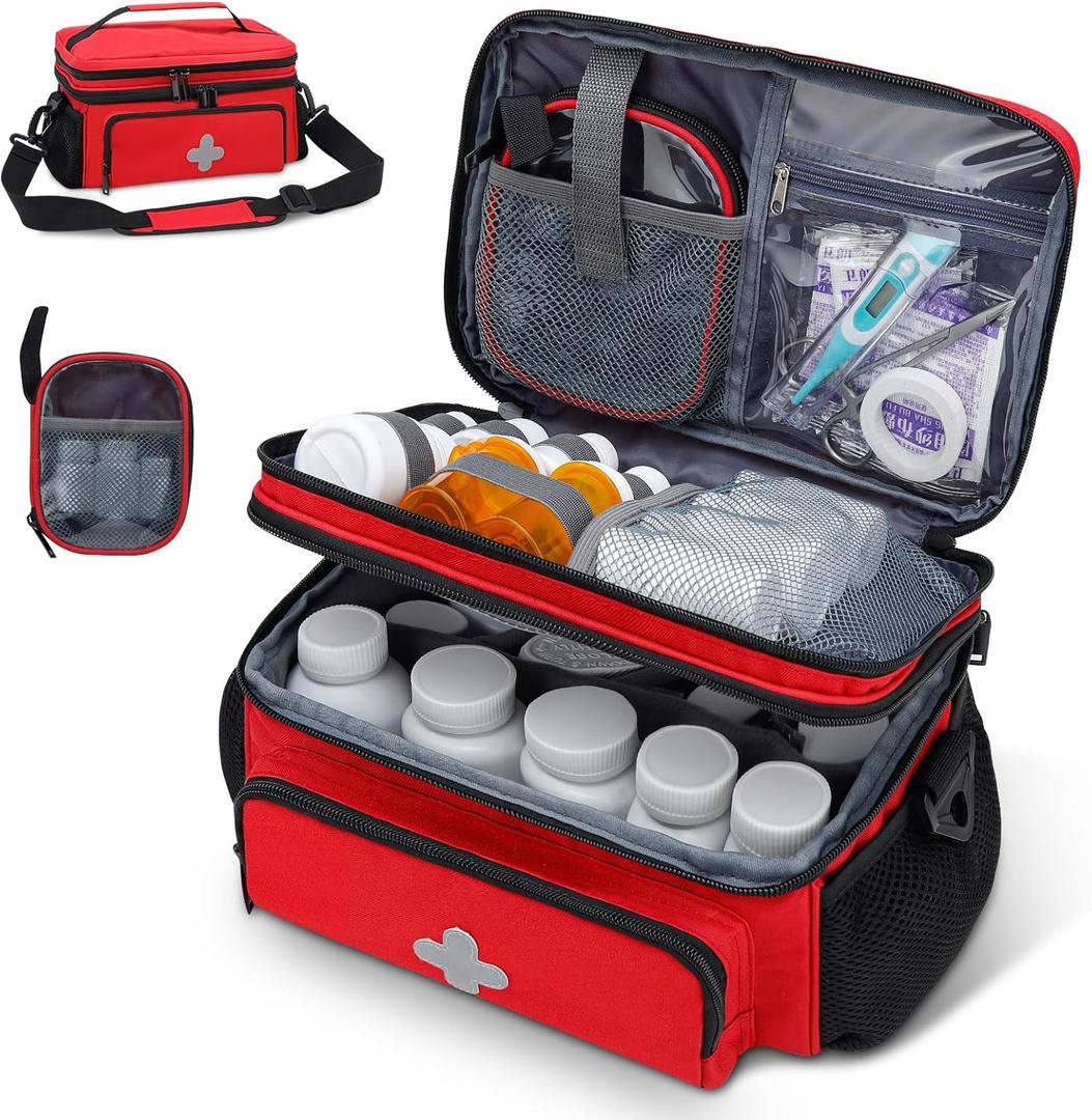 Medicine Storage Bag, Pill Bottle Organizer for Emergency, Medicine Box Empty with Small Portable Pouch, First Aid Box for Travel and Home Storage (Red)