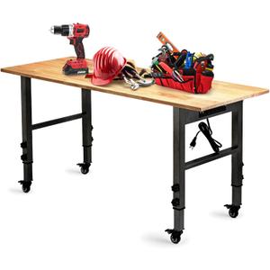 OLBRUS 54.3 "Adjustable Workbench with Power Outlet, Heavy Duty 2000 LBS Load Capacity Hardwood Workbench Suitable for Workshop, Office, Garage, Home (Metal WheelsPower Outlets 54.3"x21.6")