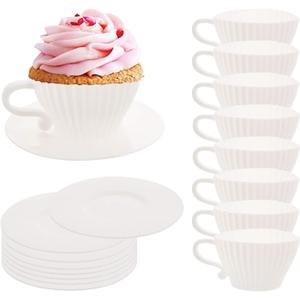 Silicone Muffin Cups for Baking, 16 Pcs Teacup Cupcake Liners, Reusable Muffin Liners, Silicone Cupcake Baking Cups, 8 Cups & 8 Saucers, White