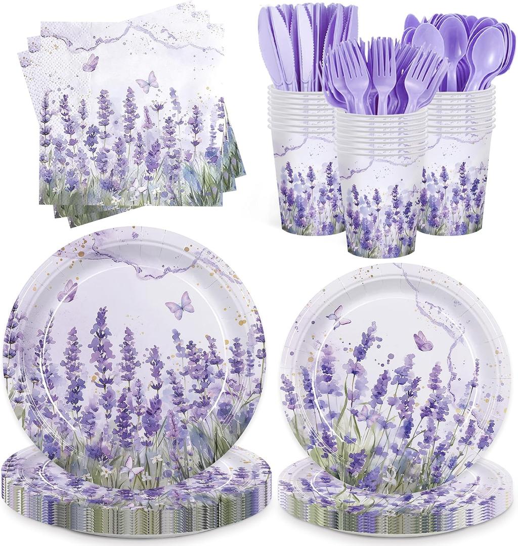 168pcs Purple Lavender Floral Paper Plates Napkins Disposable Tableware Butterfly Flower Party Supplies for Birthday Wedding Baby Shower Serve 24 Guests