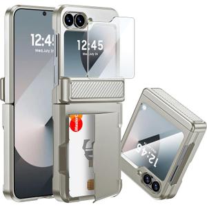 CENMASO for Samsung Galaxy Z Flip 6 Case/Z Flip 7 FE Case with Card Holder [RFID Blocking]& Hinge Protection & Screen Protector, Full-Body Shockproof Phone Case for Z Flip 6/Flip 7 FE-Natural Titanium