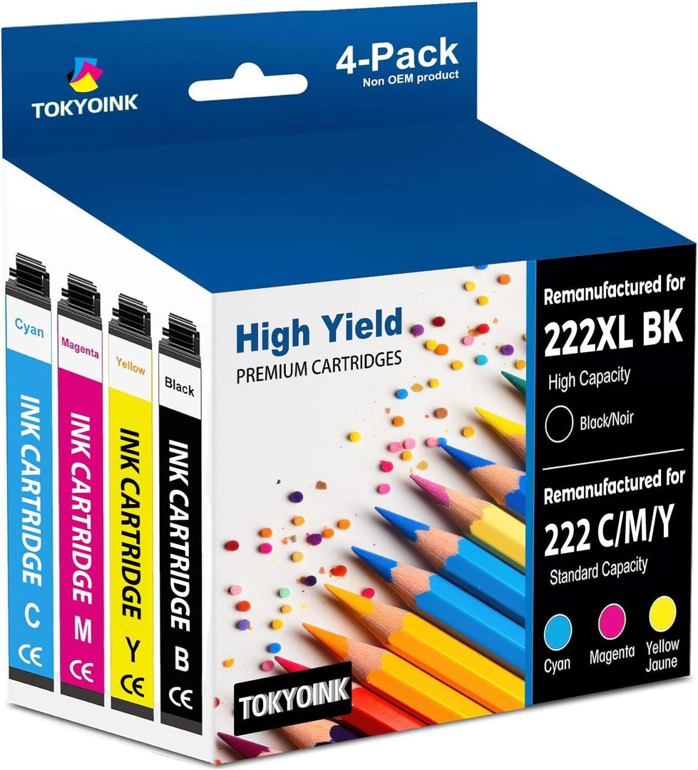 TOKYOINK 222XL Ink Cartridges Combo Pack Remanufactured Replacement for 222 Ink Cartridge 222 XL for Printer XP-5200 WF-2960 Printer Ink (Black, Cyan, Magenta, Yellow 4 Pack)