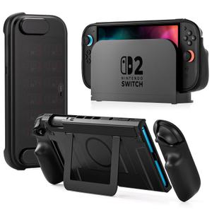 COOWPS P2 Dockable Split Protective Case for Nintendo Switch 2, with Non-Slip Ergonomic Grip, Magnetic Ring & Stable Kickstand, Hard Shell Full Protection Travel Front Cover with 12 Game Card Slots