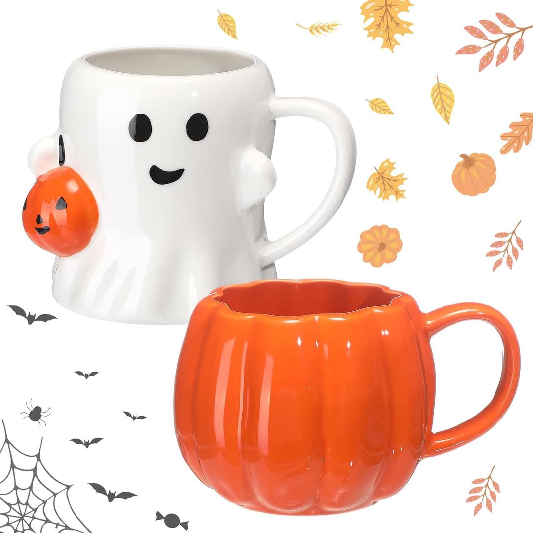 LemonRoad 2 Pcs 14 oz Pumpkin Cute Mugs Happy Ghost Pumpkin Pattern Mugs Novelty Ceramic 3D Coffee Cups Gifts for Hot Chocolate Cocoa Milk Tea Coffee Lover