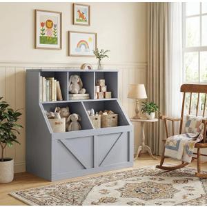 GAOMON Toy Storage Organizer and Kids Bookshelf, Toddler Toy Storage Cabinet with Toy Shelf, Toy Organizer and Kids Bookcases Fit for Playroom Bedroom Nursery Classroom School Kindergarten Daycare (Grey)