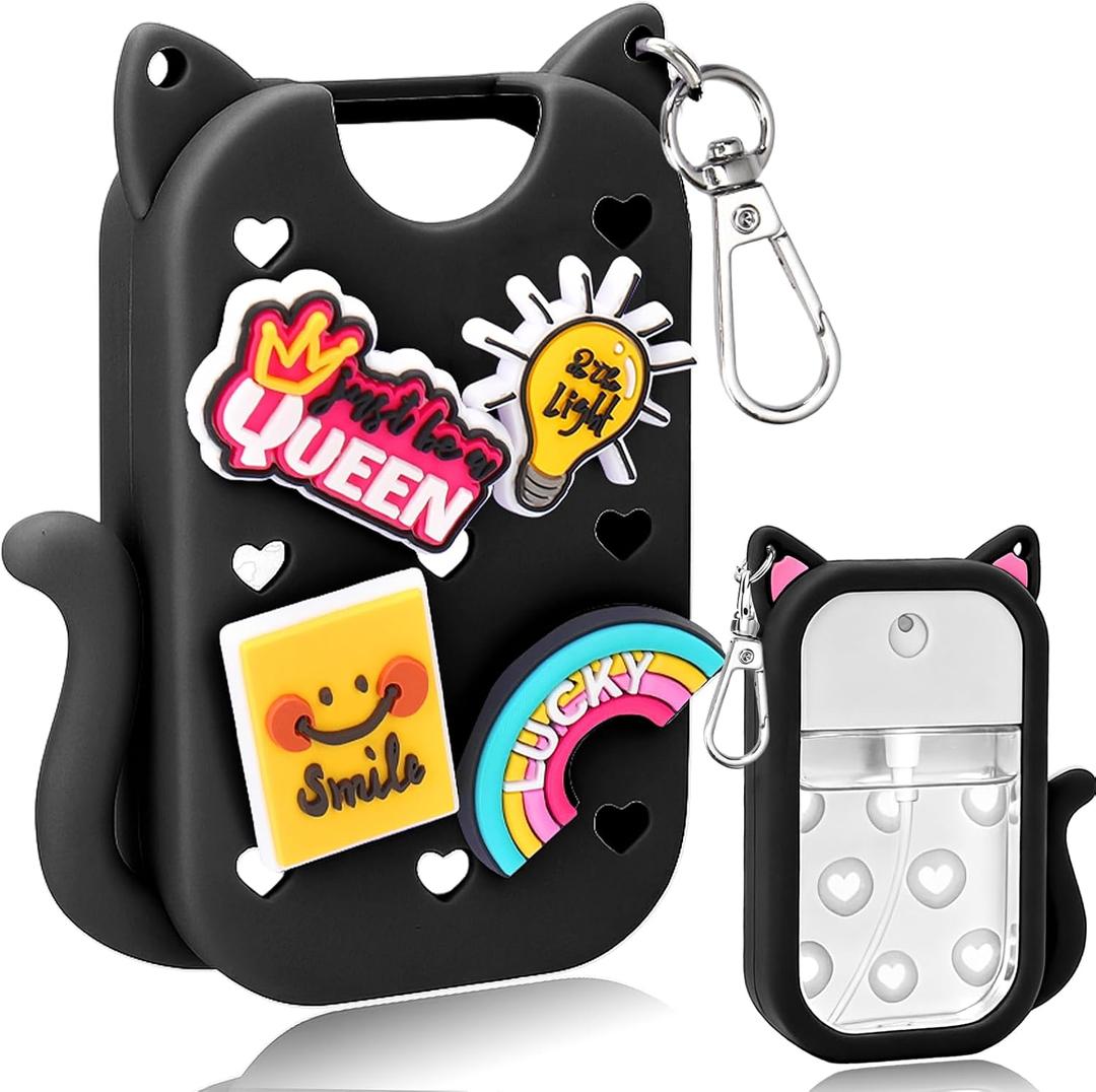 Mity rain Hand Sanitizer Spray Case Compatible With Touchland, Cute Silicone Hand Sanitizer Holder Keychain with 4 Charms, Portable Refillable Sanitizer Accessory, Gift For Women And Teens(Black)