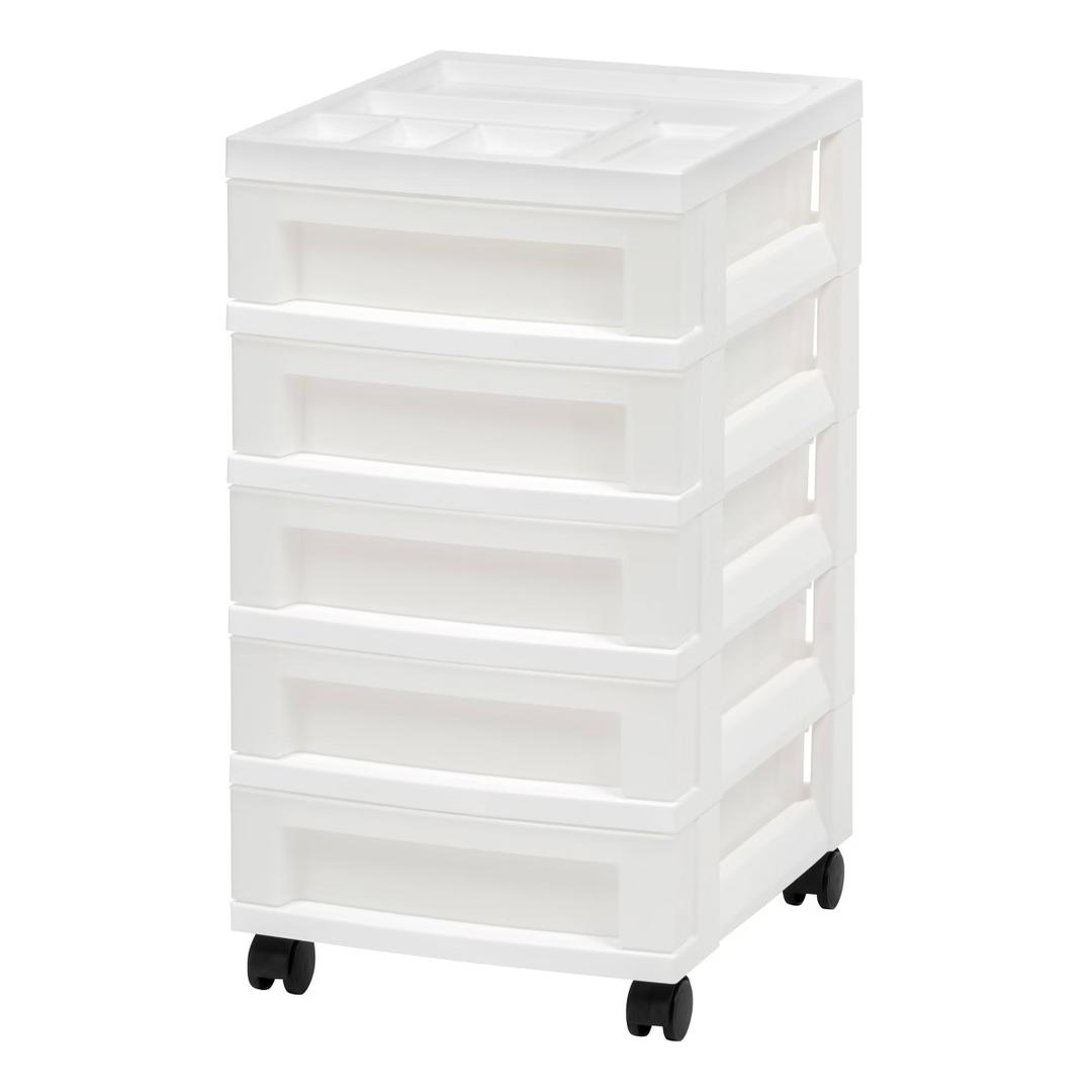 IRIS 5 Drawer Storage Cart with Organizer Top White/Pearl: Portable Plastic Utility Storage Drawers, Universal Use