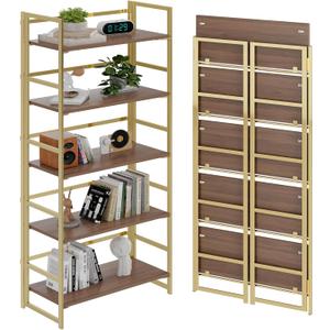 BHG Vintage Multifunctional Folding Bookshelf,5 Tier No-Assembly Plant Stand Storage Rack Shelves for Home Office (Brown&Gold, 5-Tier)