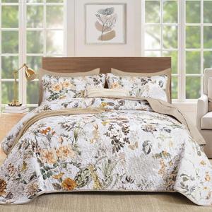 Anibedding Floral Quilt Set King Size, Brown Bontanical Quilt Queen Size,Garden Style Bedspread with Soft Lightweight Reversible Coverlet Set for All Season(104"x90")