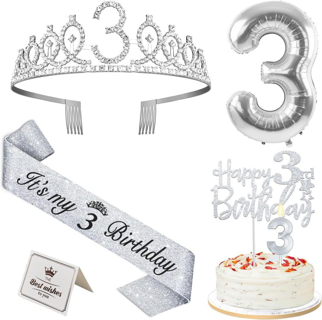 3rd Birthday Decorations for Girls Silver with 3rd Birthday Sash and Tiara, Cake Topper and Candle, Silver Number Balloon, 3 Year Old Gifts for Girls