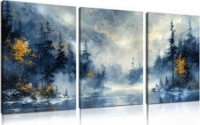Forest Pictures Wall Art for Office - Modern Blue Canvas Art Wall Decor