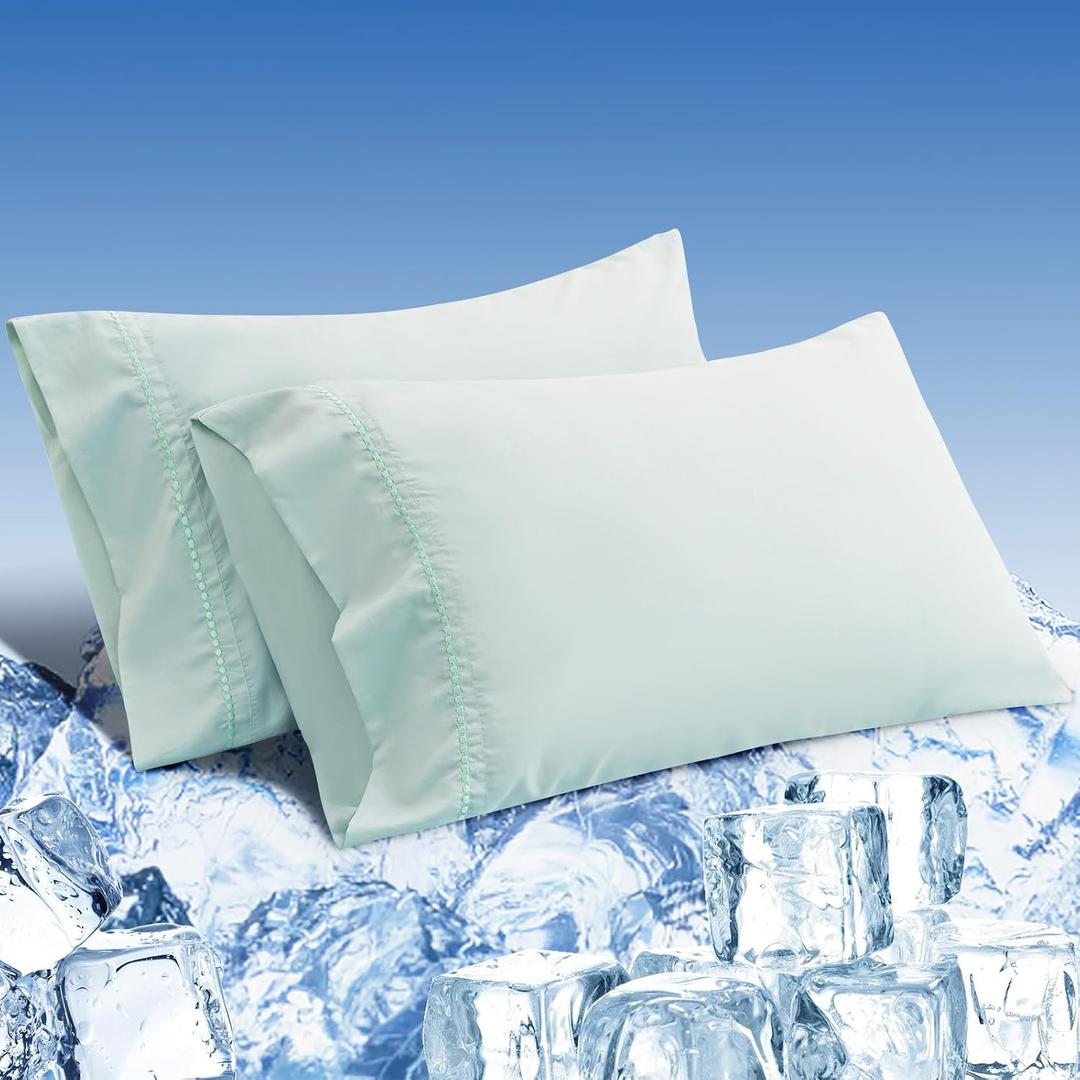 Cooling Pillow Cases Set of 2,Queen Size Cool Pillowcases for Hair Skin and Hot Sleepers, Soft Silky Summer Pillow Cover with Envelope Closure, Emerald Blue, 20"x30"