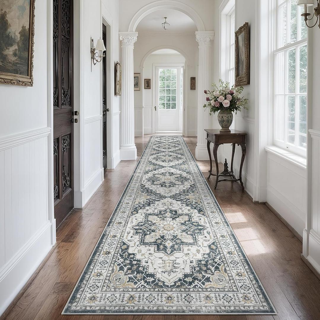 Madane 3x20 Hallway Runner Rug - Extra Long Carpet Runners for Hallways 20ft Non Slip Stain Resistant Rugs Runner for Living Room Bedroom 20 Feet Distressed Floor Carpet for Kitchen, Black